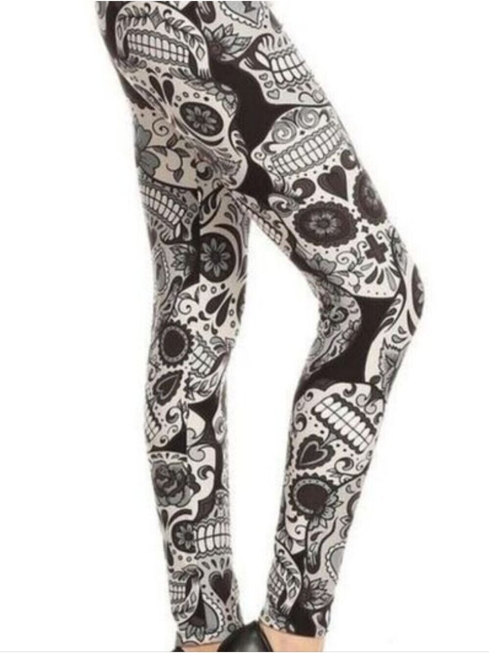 LEGGINGS DEPOT Black & White Sugar Skull Print Full Length Leggings Size 12 NWT
